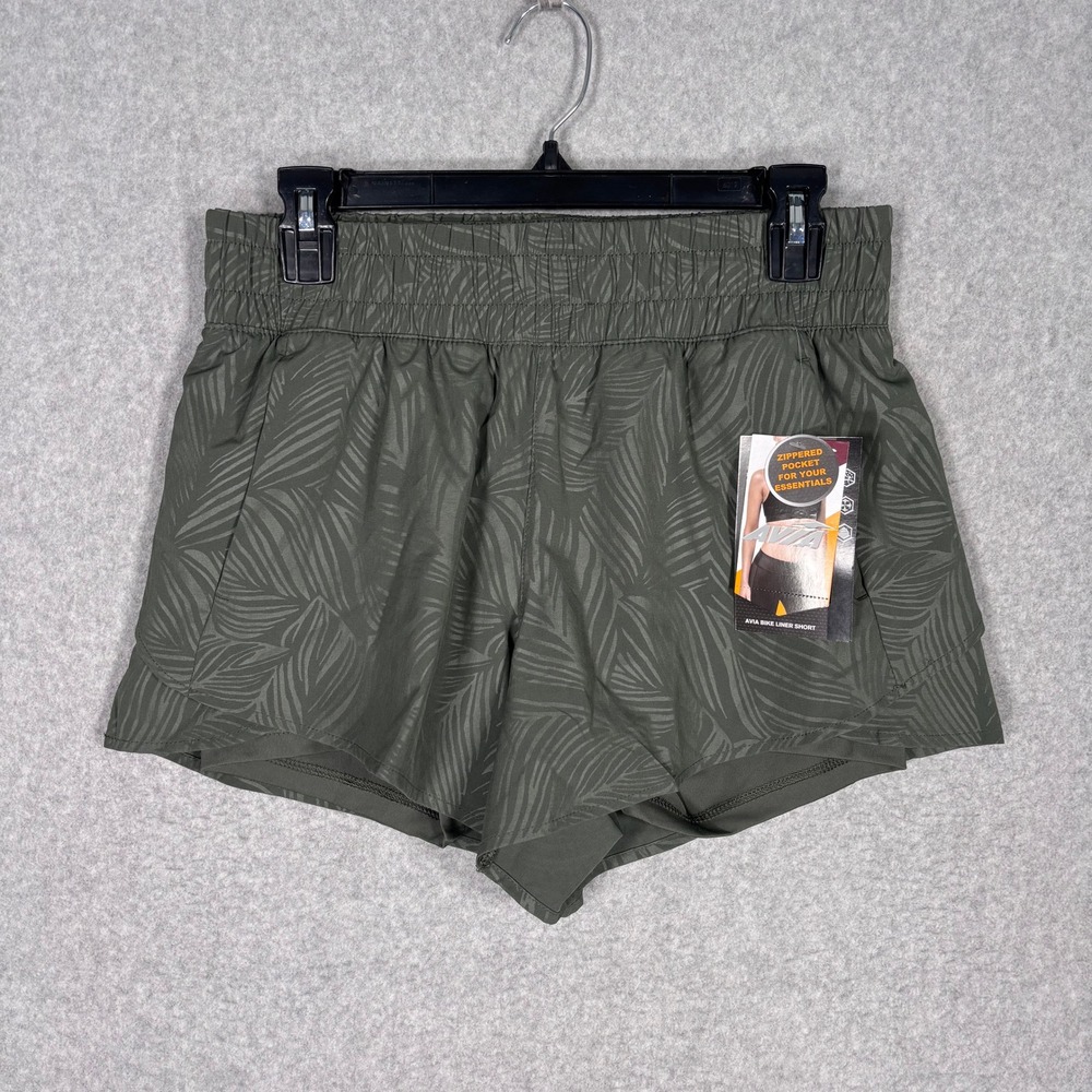 NEW Avia Running Shorts Small Olive Green Palm Print Lined Bike  Zipper Pocket